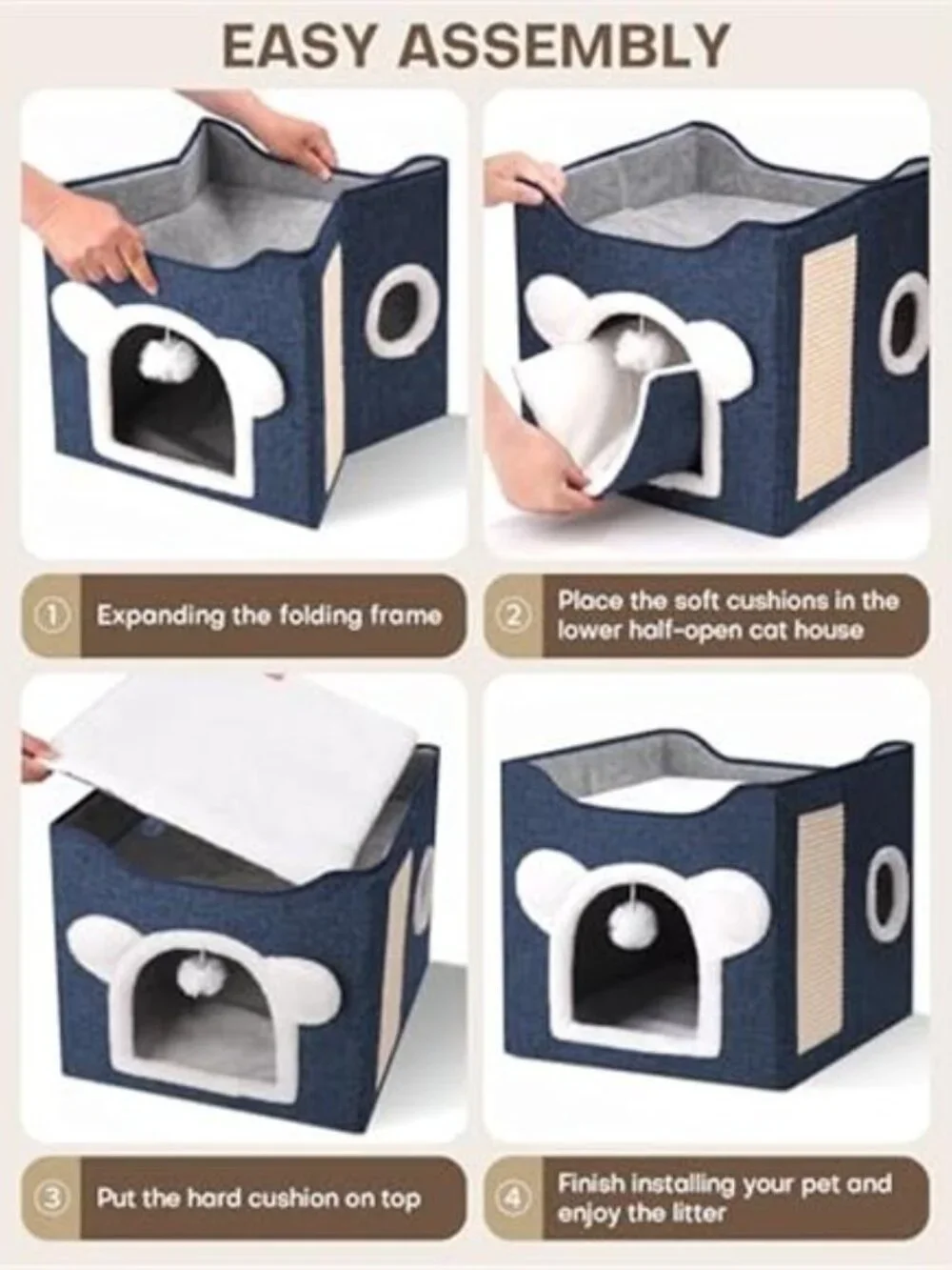 Large Cat House Indoor Cat Cave Covered Bed with Scratch Pad Fluffy Toy Hideaway